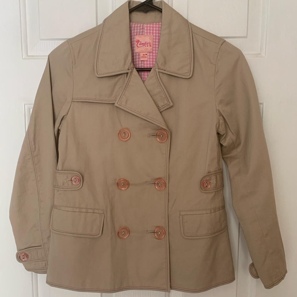 Candie's Girl’s Medium Beige Double Breasted Jacket with Pink Accents